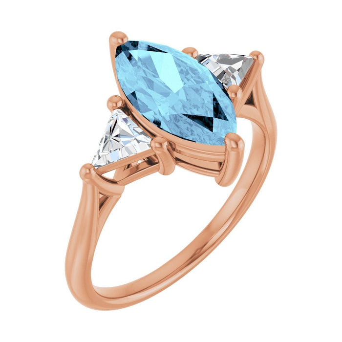 Marquise 1 ct aquamarine 14K Rose Gold trillion three-stone engagement ring