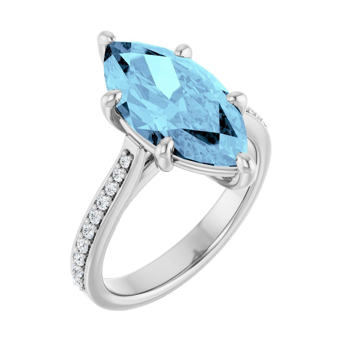 Marquise 1 ct aquamarine 14K White Gold french pavé solitaire engagement ring