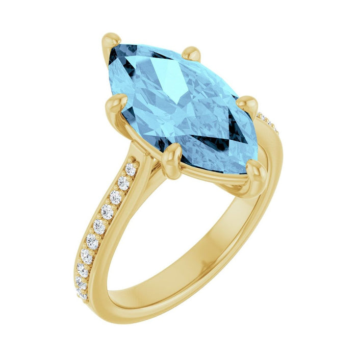 Marquise 1 ct aquamarine 14K Yellow Gold french pavé solitaire engagement ring