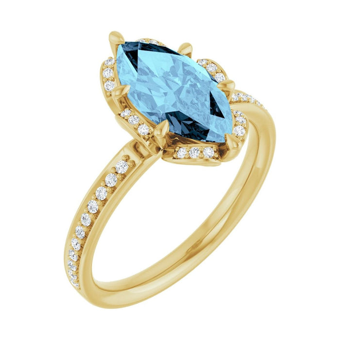 Marquise 1 ct aquamarine 14K Yellow Gold petite pavé halo engagement ring