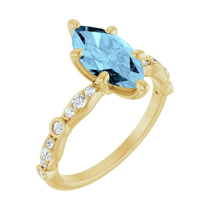 Marquise 1 ct aquamarine 14K Yellow Gold petite vintage milgrain engagement ring