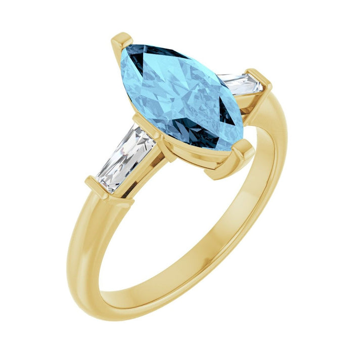 Marquise 1 ct aquamarine 14K Yellow Gold tapered baguette three-stone engagement ring