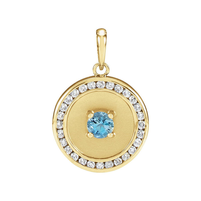 Aquamarine Pendant, Diamond Disc in 14K Yellow Gold