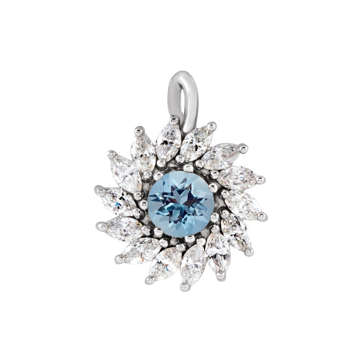 Diamond Starburst Halo Aquamarine Pendant in 14K White Gold