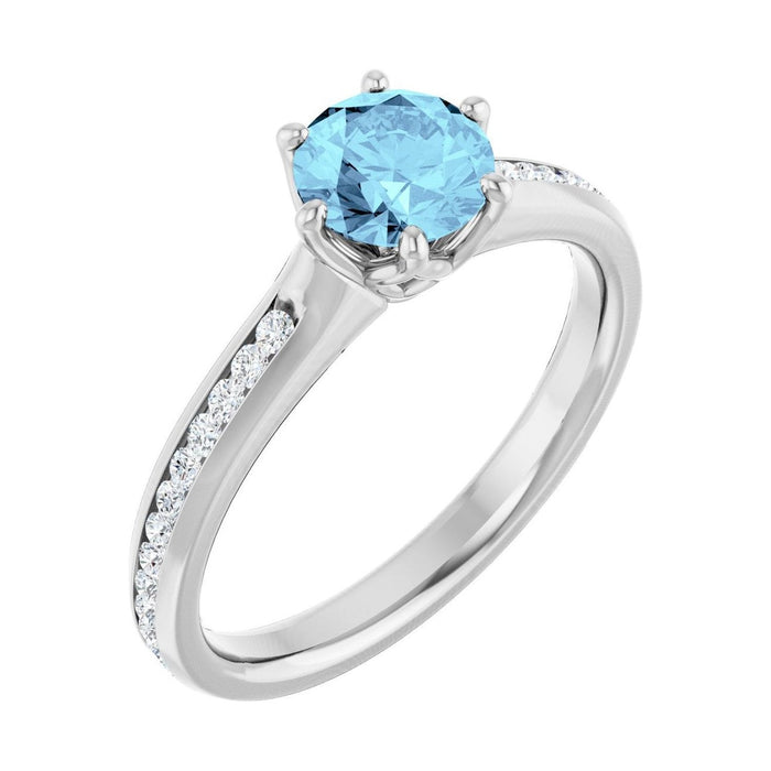 Round 1 ct aquamarine 14K White Gold accented shoulder engagement ring