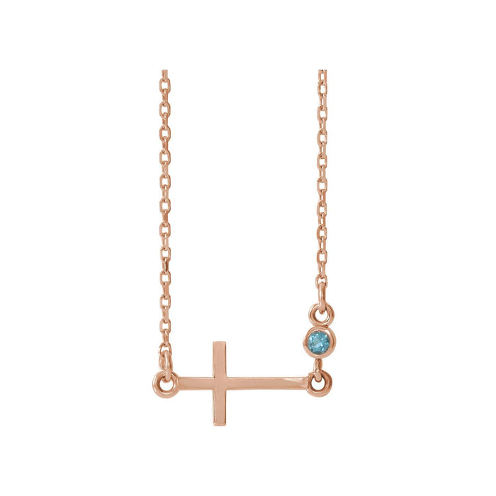 Aquamarine Necklace, Sideways Cross in 14K Rose Gold