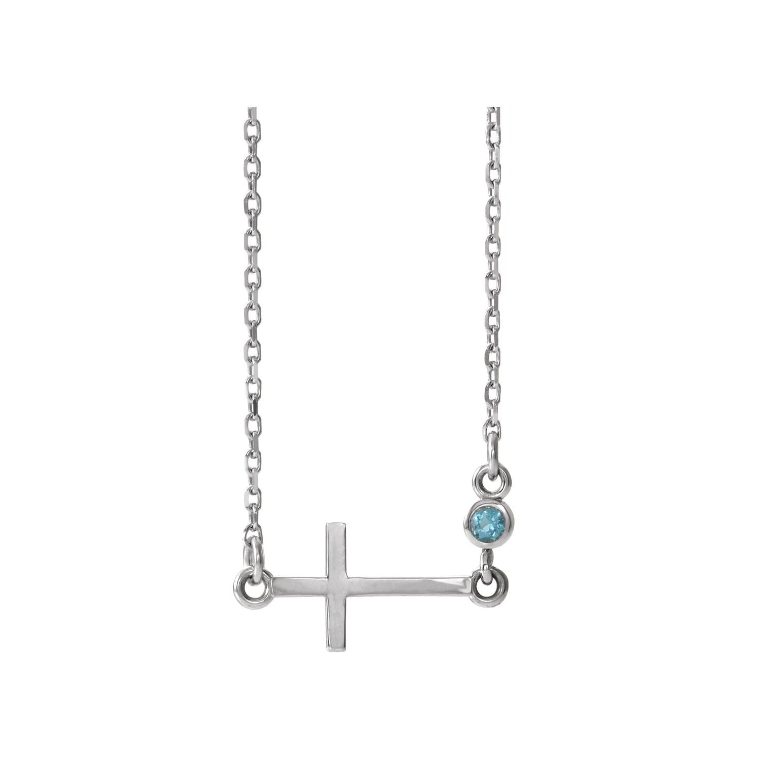 sideways cross pendant with a bezel-set aquamarine station, 14K White Gold