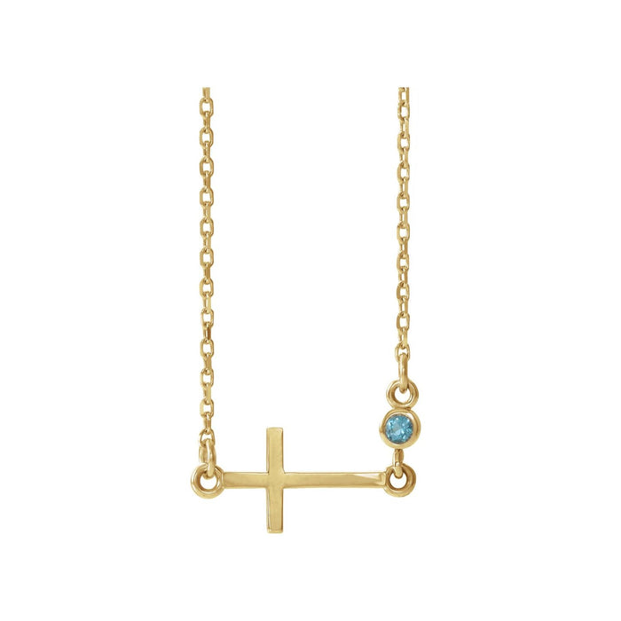 Aquamarine Necklace, Sideways Cross in 14K Yellow Gold