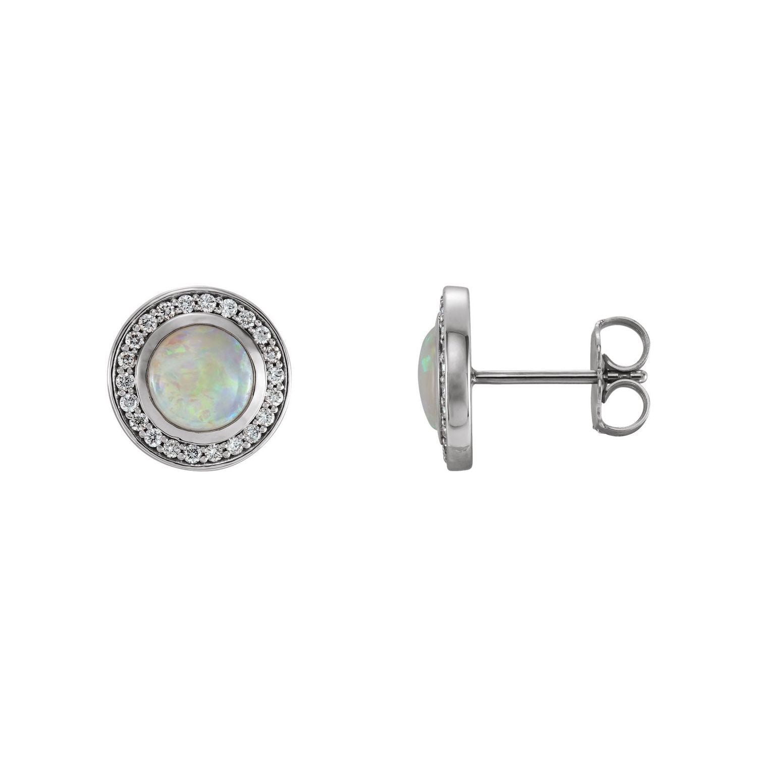14K White Gold round Australian white opal diamond halo earrings