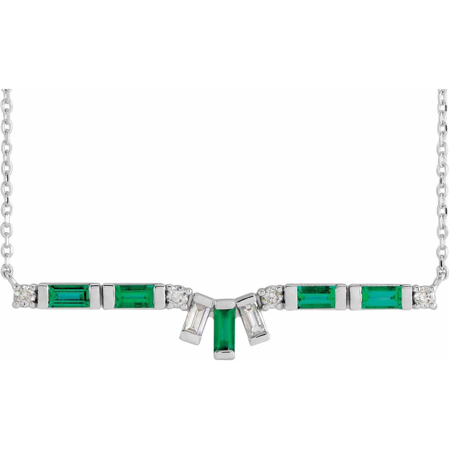 14K White Gold baguette emerald and diamond bar necklace
