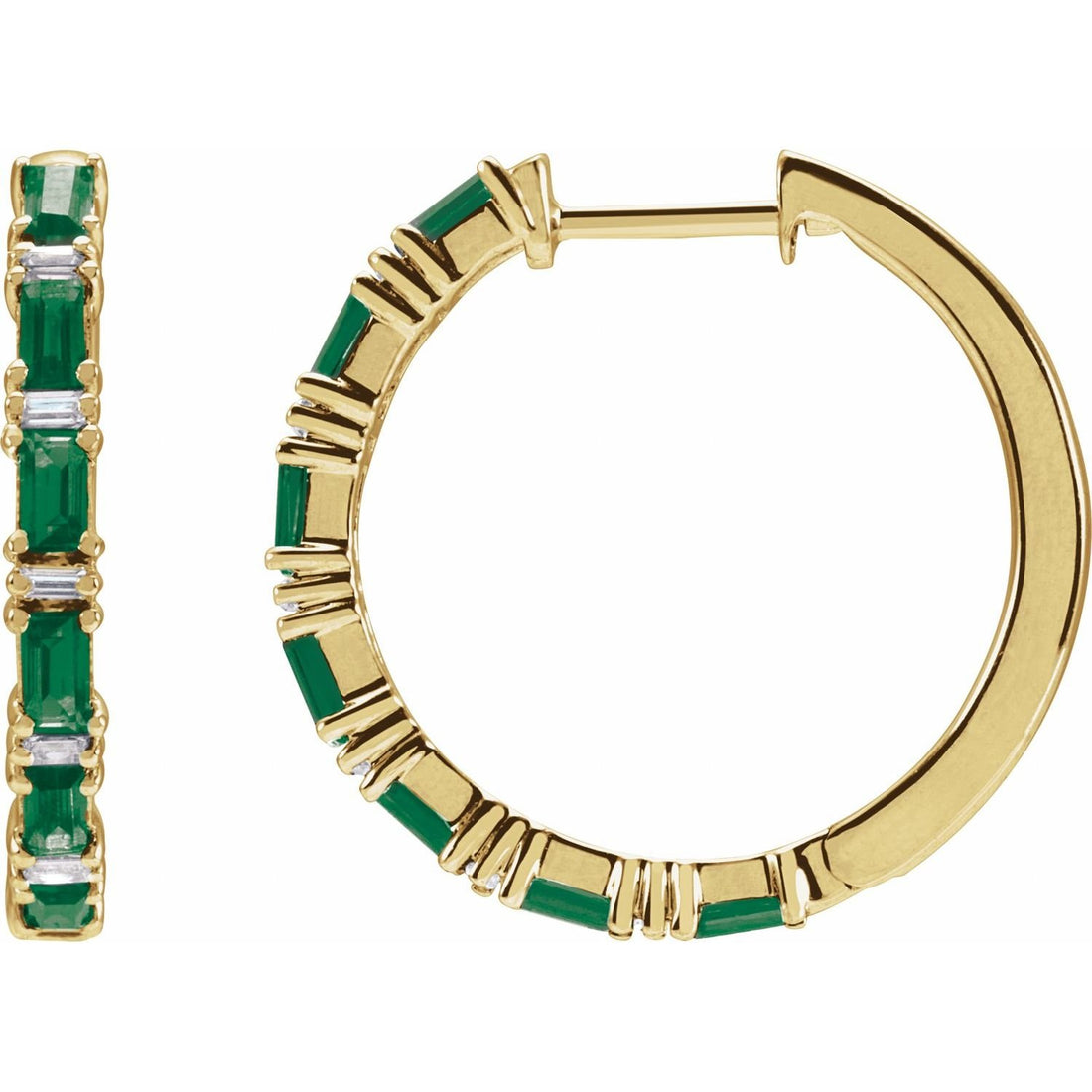 baguette natural emerald hoop earrings in 14k Yellow Gold