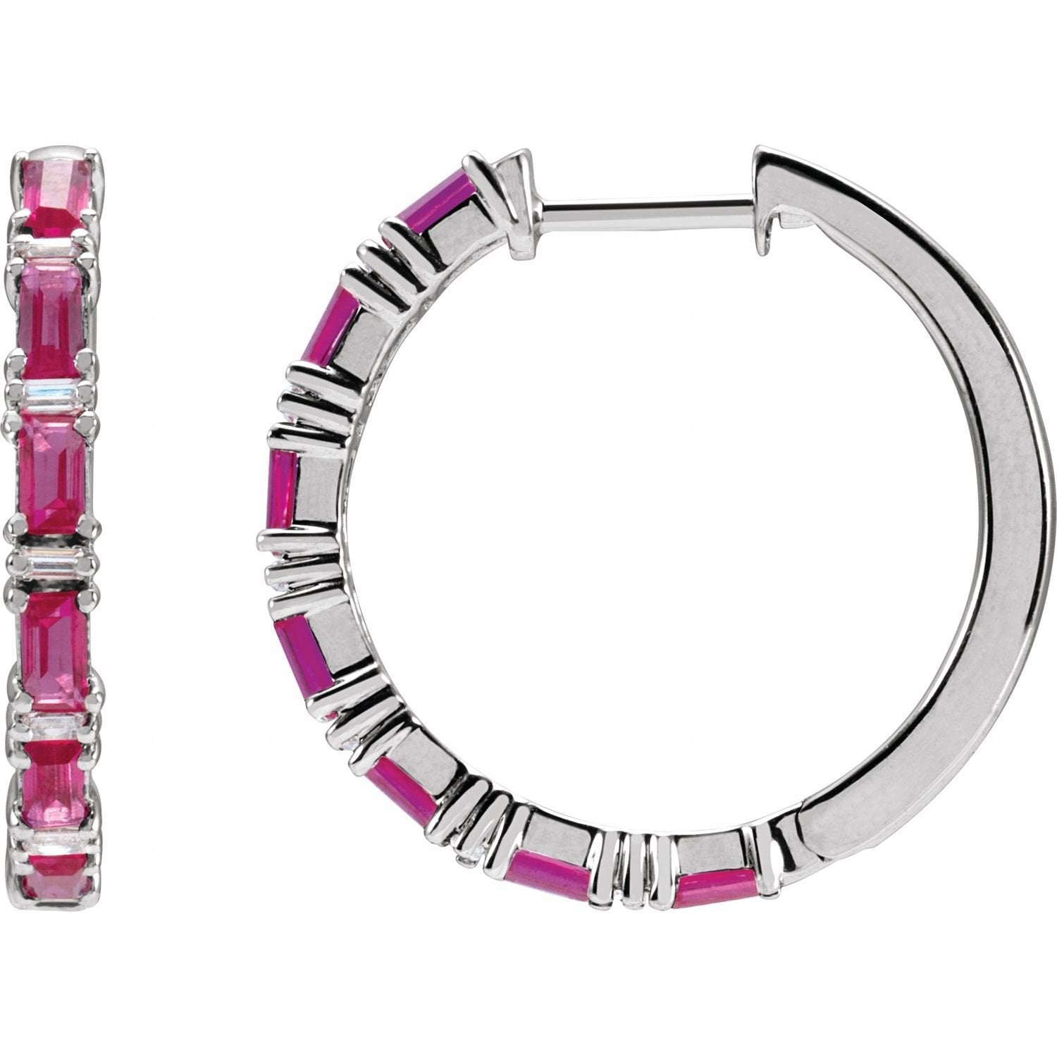 baguette natural ruby hoop earrings in 14k White Gold