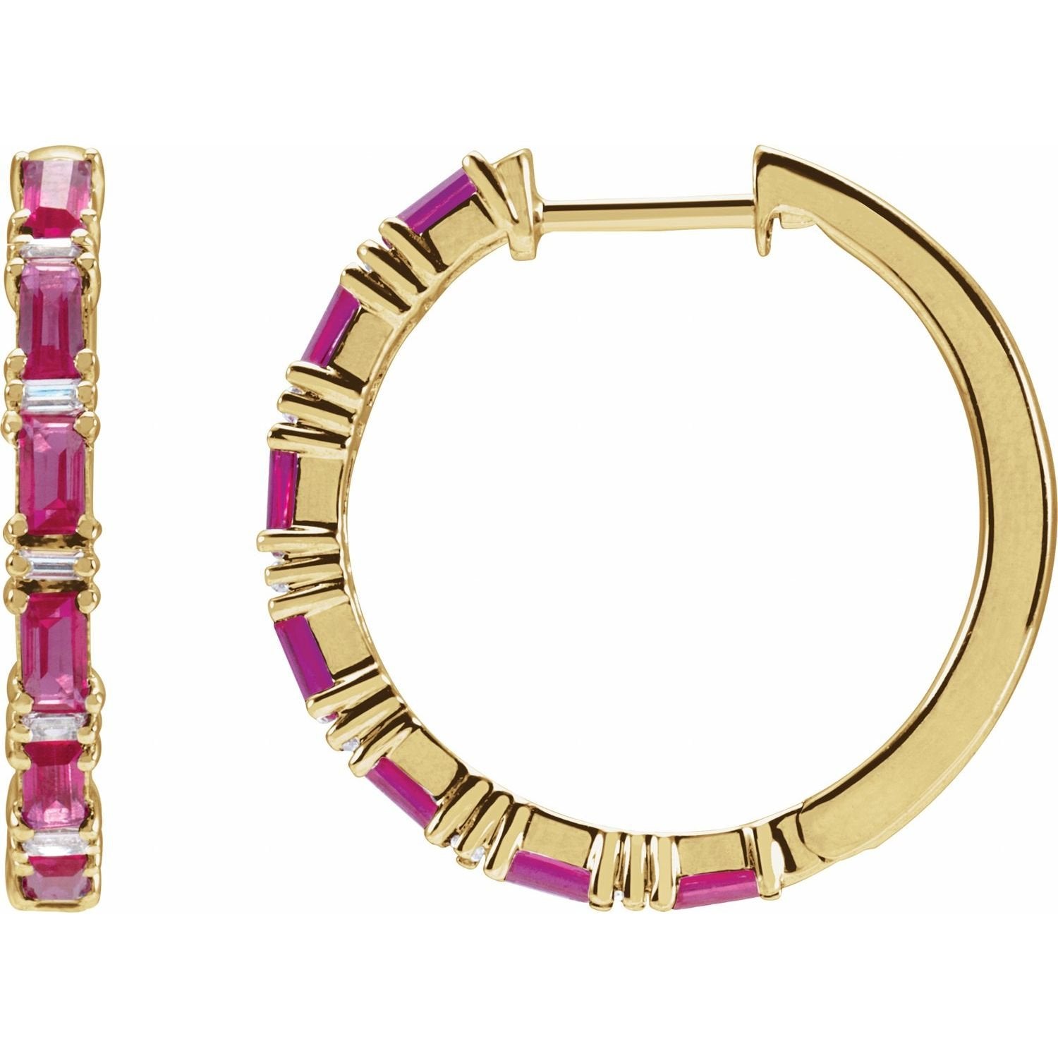 baguette natural ruby hoop earrings in 14k Yellow Gold