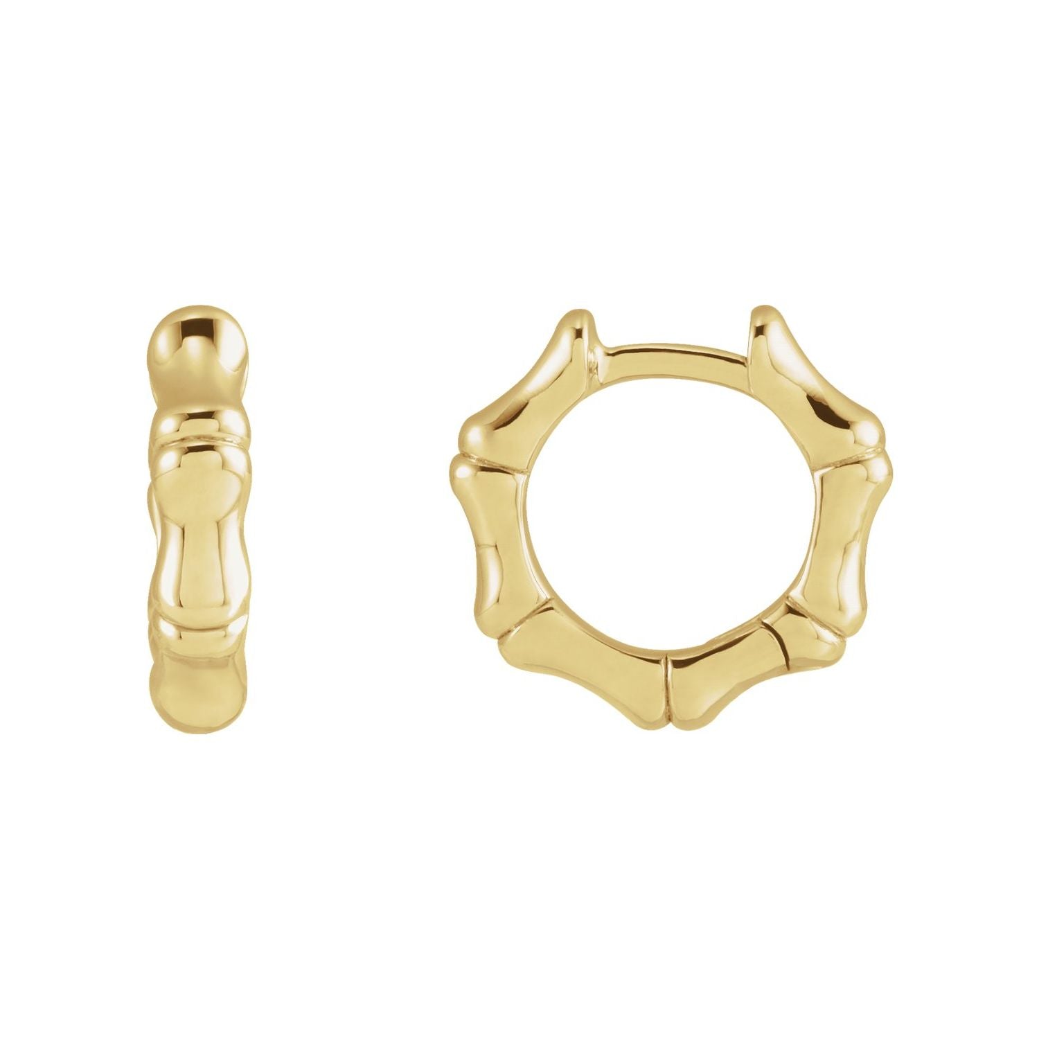 14K Yellow Gold Bamboo 12 mm hinged gold hoop earrings
