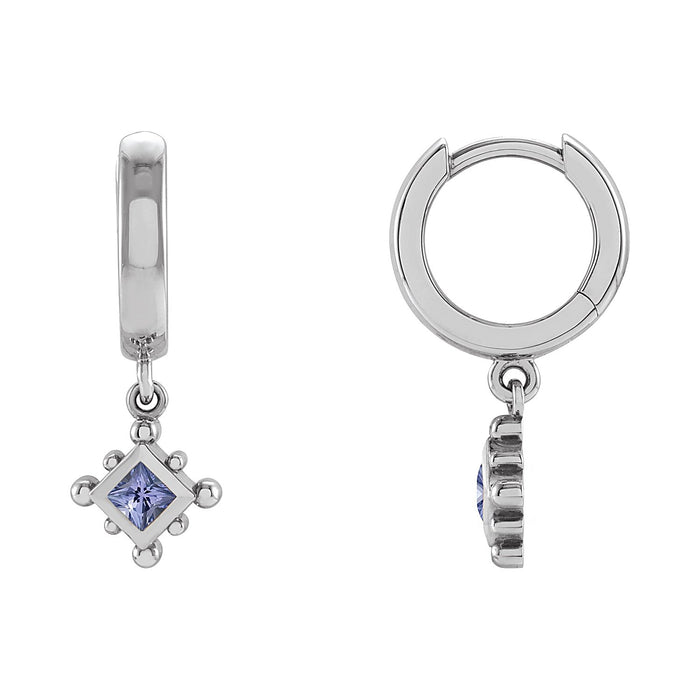 Beaded Bezel Tanzanite Hoop Earrings in 14K White Gold