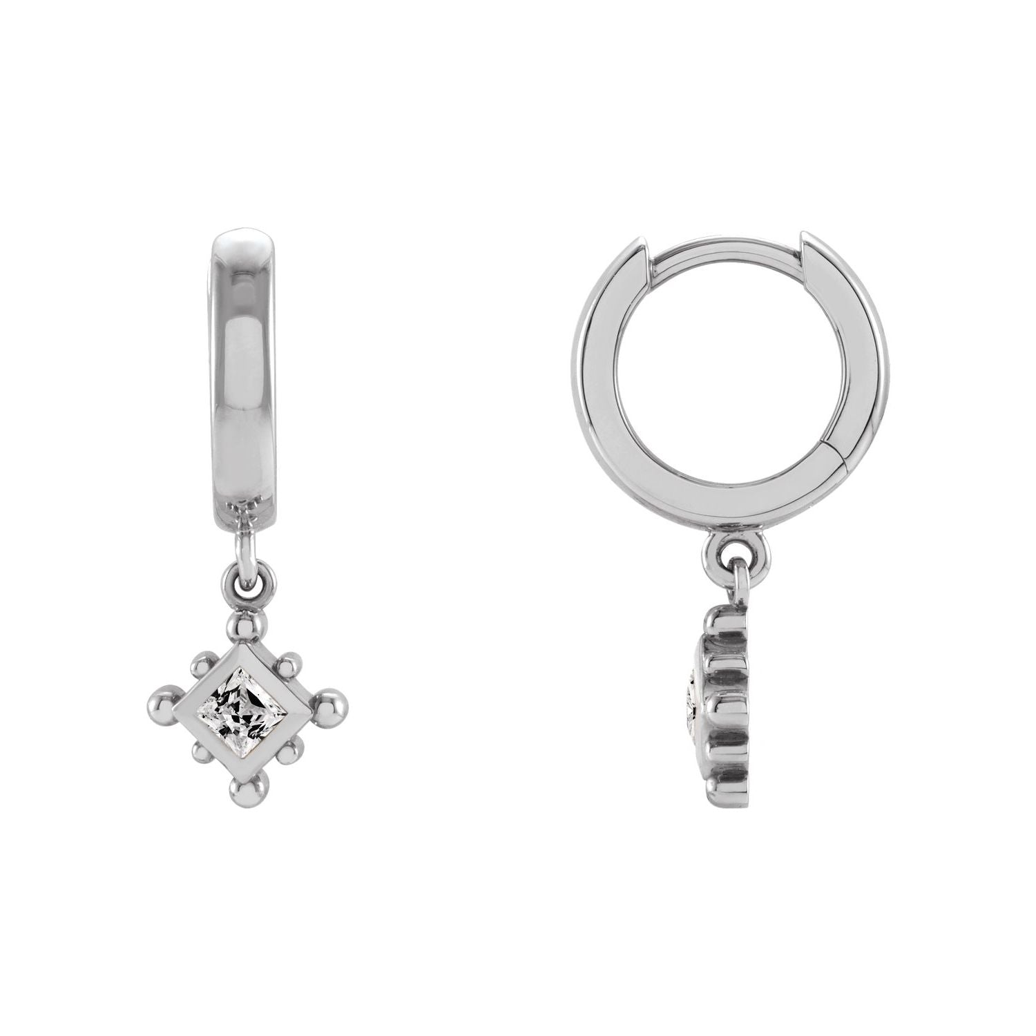 14K White Gold beaded bezel 2.5 mm princess-cut white sapphire hoop drop earrings