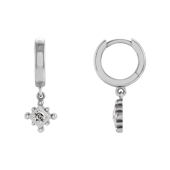 14K White Gold beaded bezel 2.5 mm princess-cut white sapphire hoop drop earrings