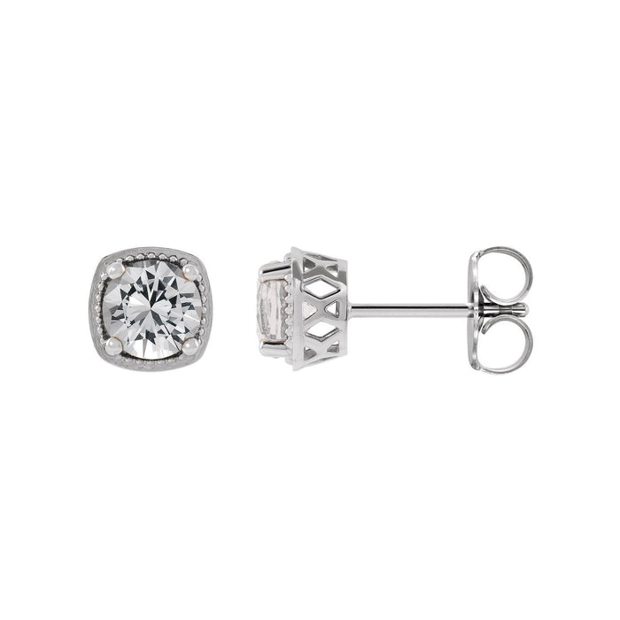 14K White Gold beaded cushion-frame 4.5 mm round white sapphire stud earrings
