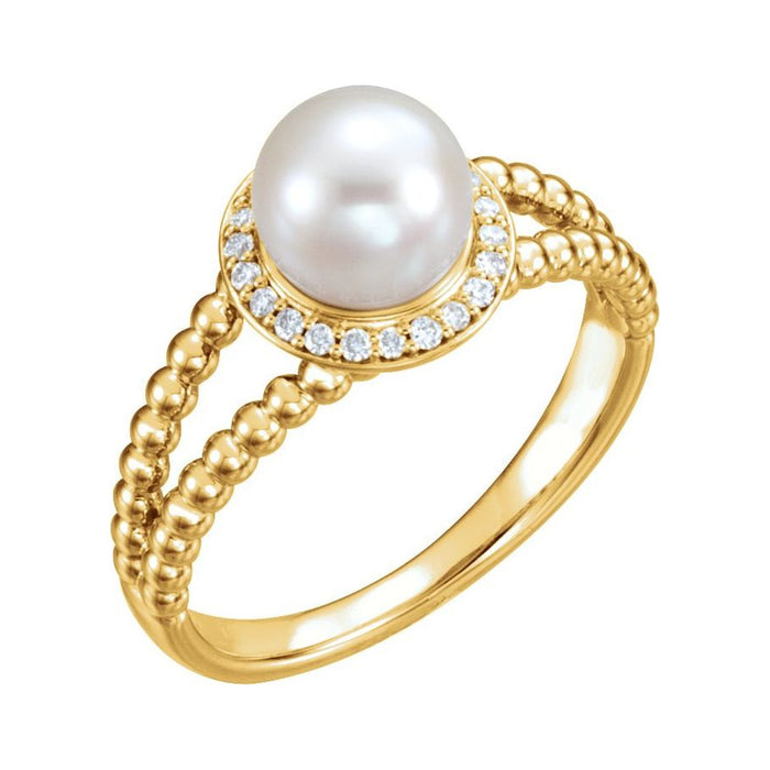14K Yellow Gold Beaded Halo Pearl Ring with a cultured freshwater pearl, natural diamond accents