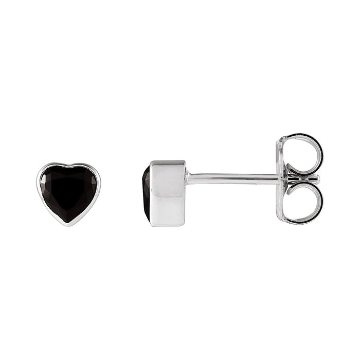 Bezel Heart Black Onyx Stud Earrings in 14K White Gold