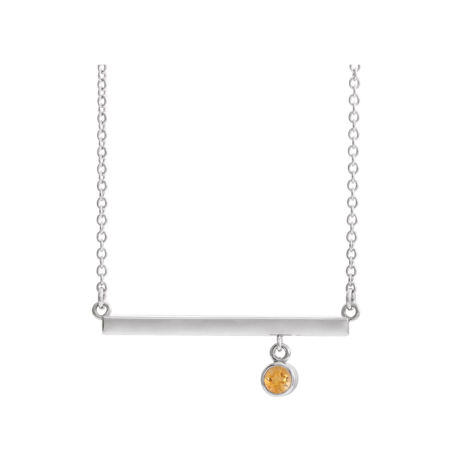 14K White Gold bar necklace with a bezel-set citrine drop