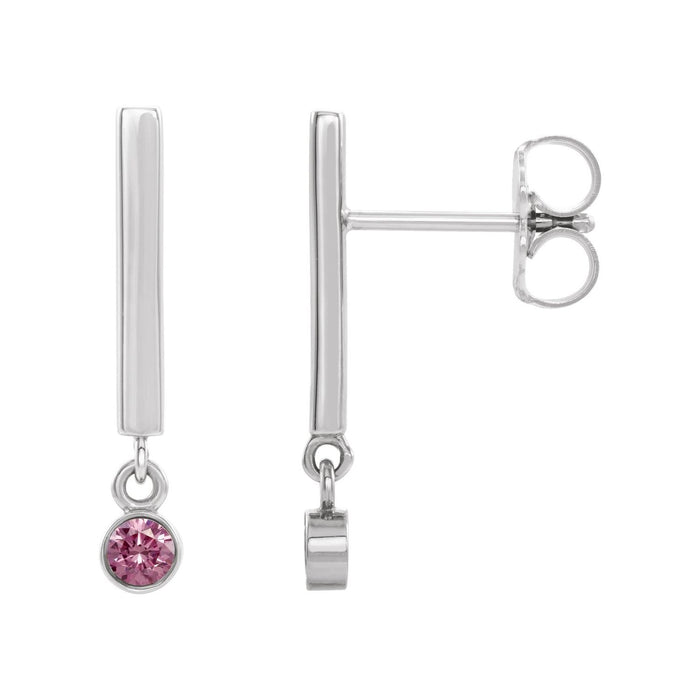 14K White Gold natural pink tourmaline bar earrings