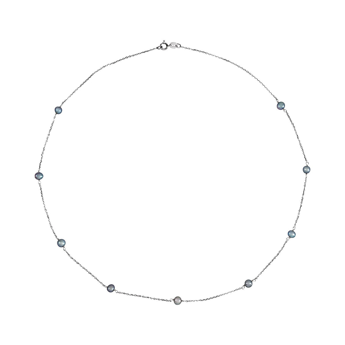 Black Freshwater Pearl 9-Station Necklace in 14K White Gold, full length