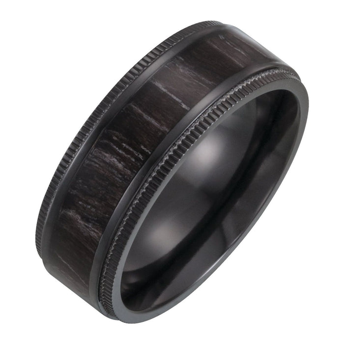 Black Titanium 8 mm Coin-Edge Oak Wood Inlay Comfort-Fit Band — men's wedding band