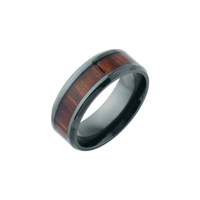 Black Titanium 8 mm Beveled-Edge Golden Pineapple Wood Inlay Comfort-Fit Band — men's wedding band
