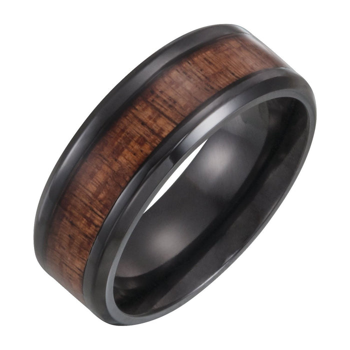 Black Titanium 8 mm Beveled-Edge Hawaiian Koa Wood Inlay Comfort-Fit Band — men's wedding band