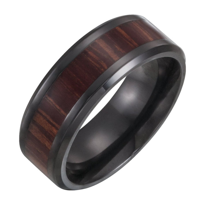 Black Titanium 8 mm Beveled-Edge Wood Inlay Comfort-Fit Band — men's wedding band