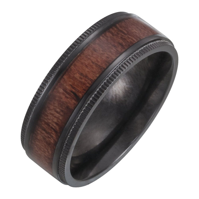 Black Titanium 8 mm Beveled-Edge Teak Wood Inlay Comfort-Fit Band — men's wedding band