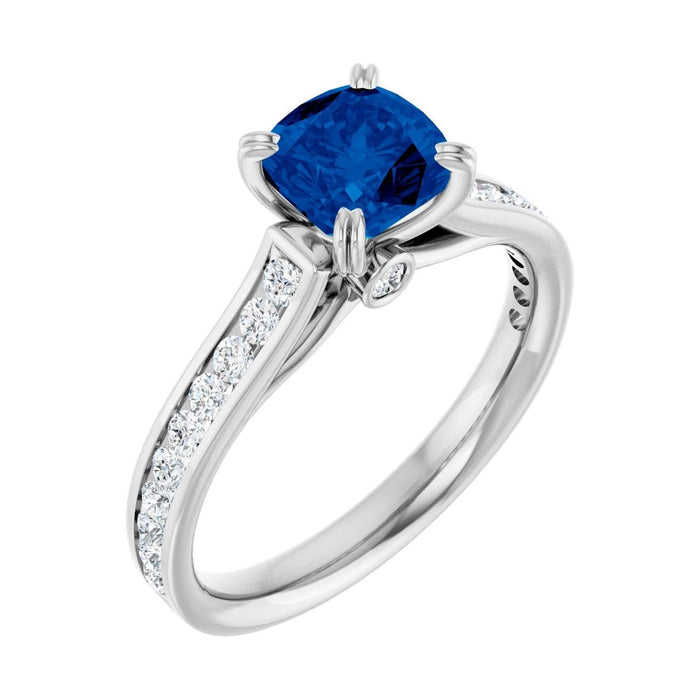 Cushion 1 ct blue sapphire 14K White Gold cathedral pavé engagement ring