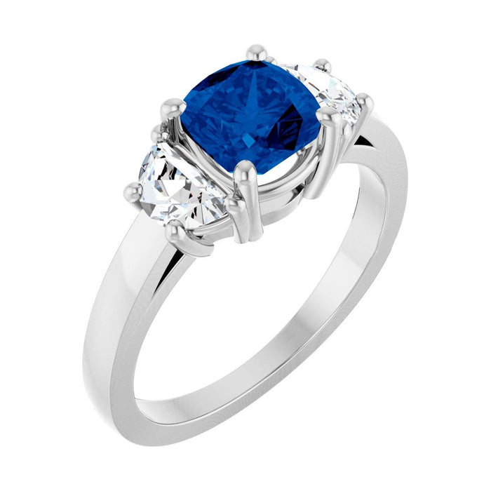 Cushion 1 ct blue sapphire 14K White Gold classic three-stone engagement ring