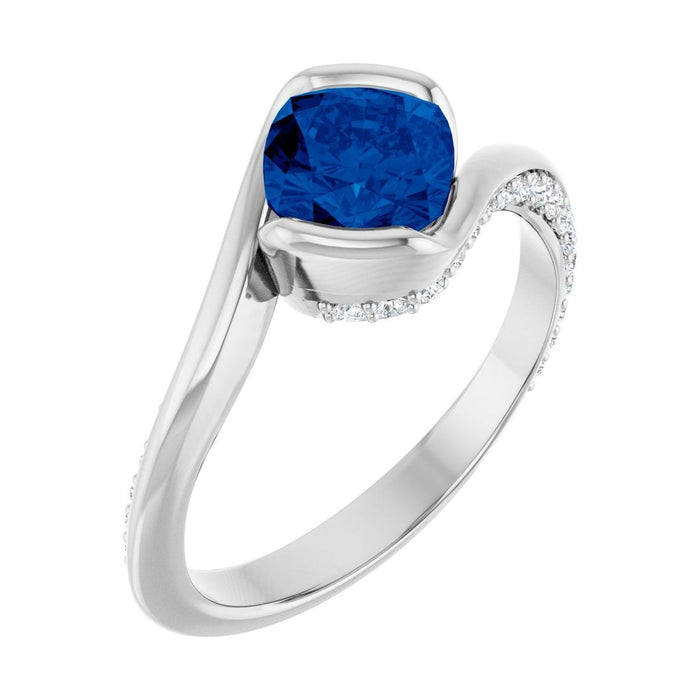 Cushion 1 ct blue sapphire 14K White Gold half-bezel bypass engagement ring
