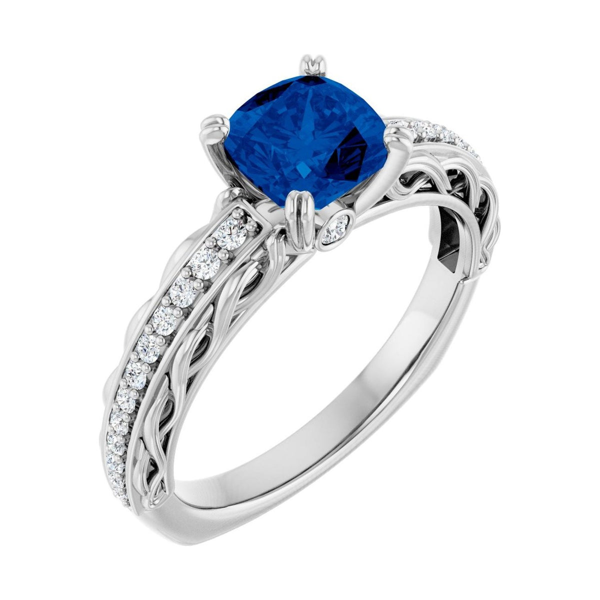 Cushion 1 ct blue sapphire 14K White Gold twisted vine solitaire engagement ring