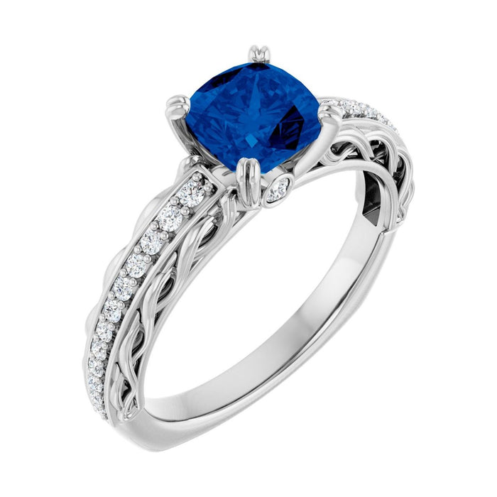 Cushion 1 ct blue sapphire 14K White Gold twisted vine solitaire engagement ring