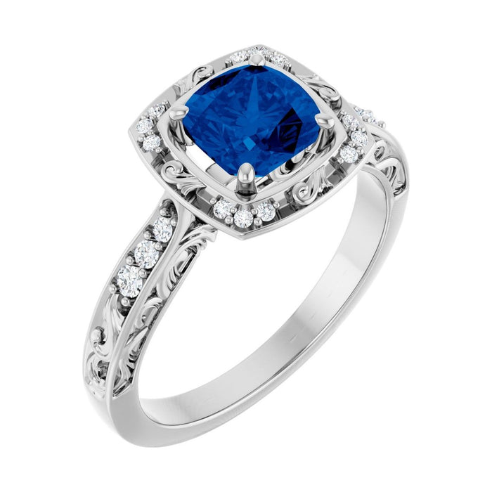Cushion 1 ct blue sapphire 14K White Gold vintage scroll halo engagement ring