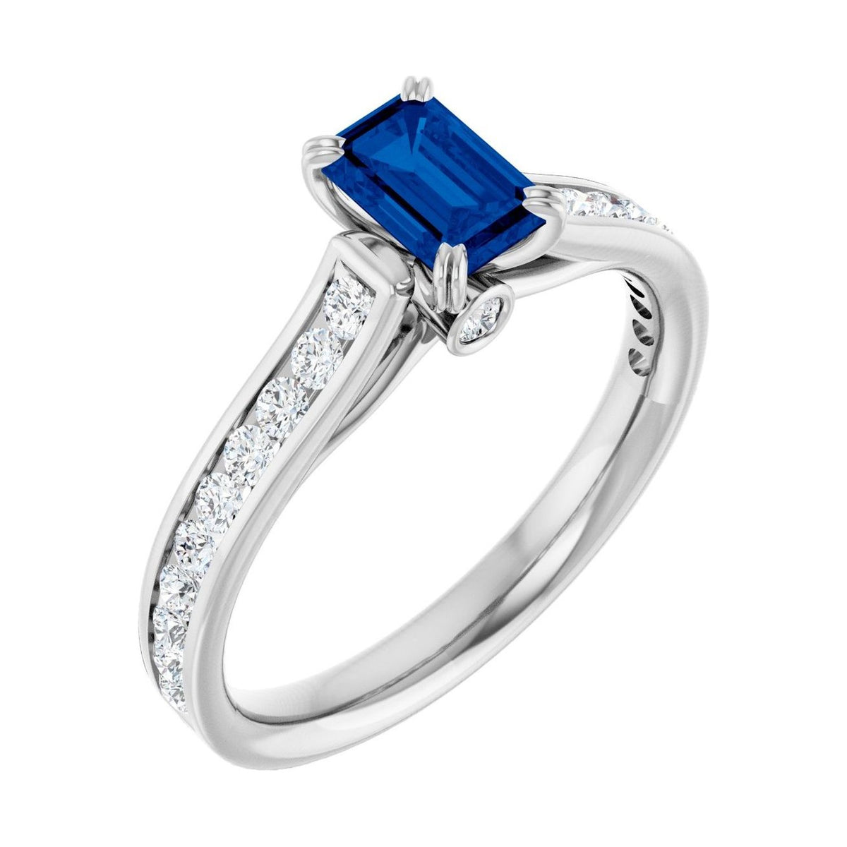 Emerald 1 ct blue sapphire 14K White Gold cathedral pavé engagement ring