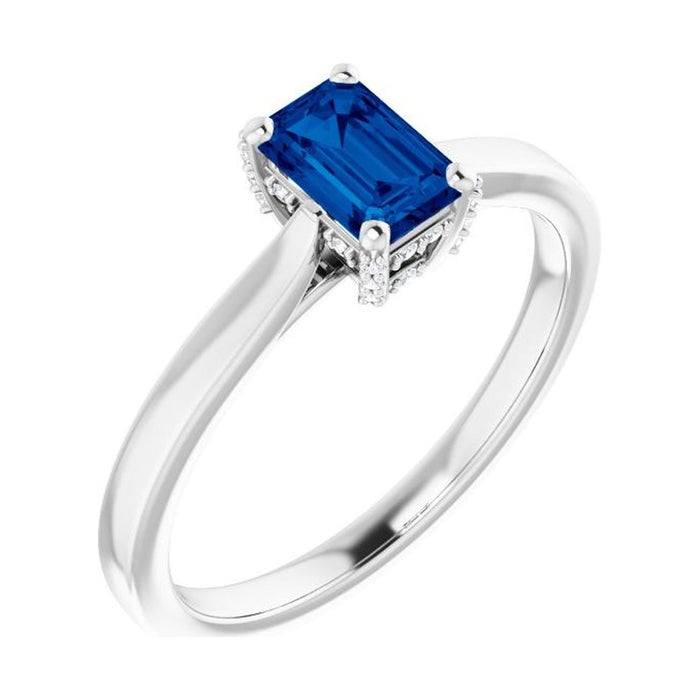 Emerald 1 ct blue sapphire 14K White Gold classic solitaire engagement ring