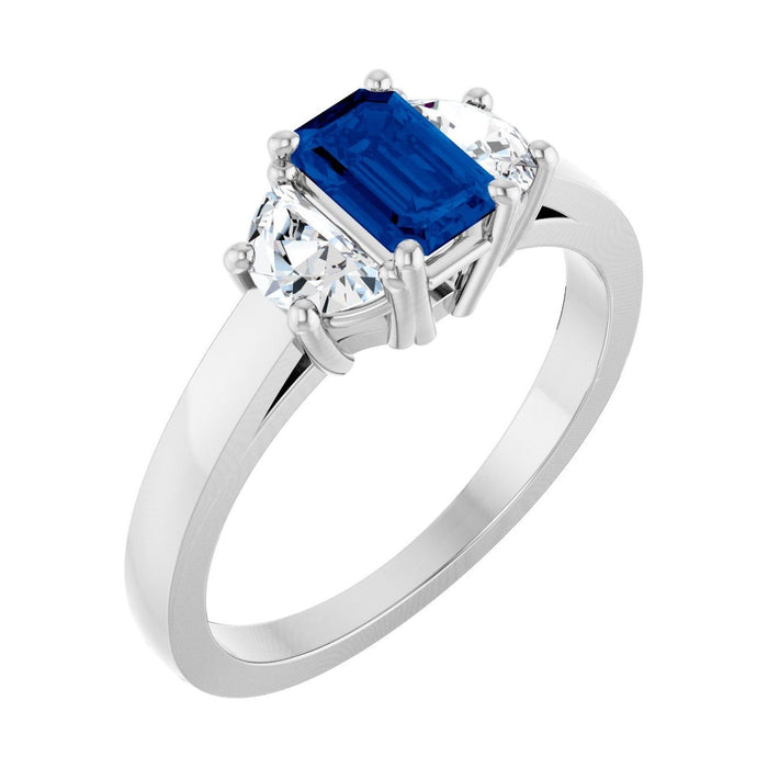 Emerald 1 ct blue sapphire 14K White Gold classic three-stone engagement ring