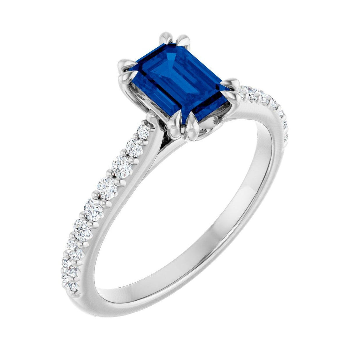 Emerald 1 ct blue sapphire 14K White Gold double claw-prong solitaire engagement ring