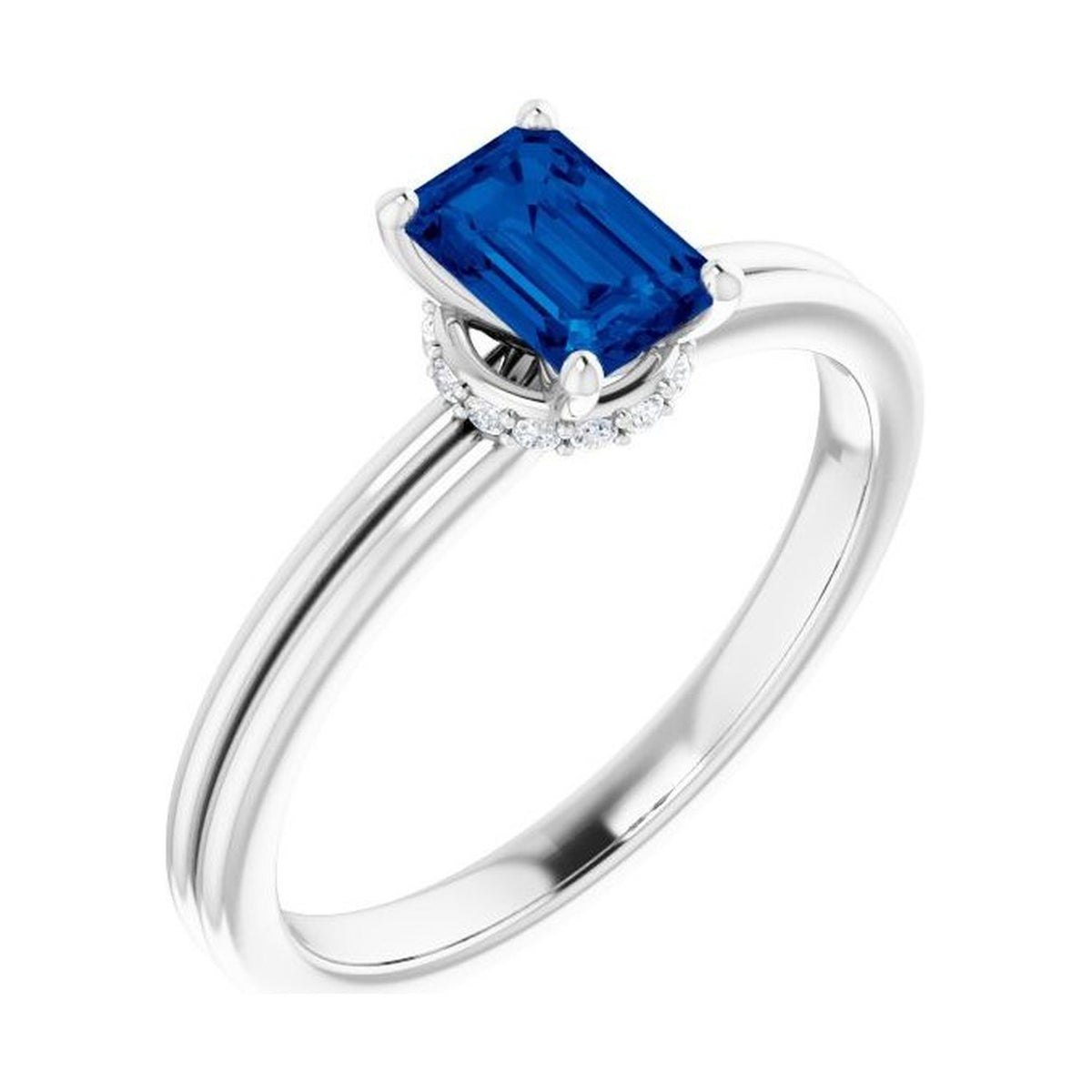 Emerald 1 ct blue sapphire 14K White Gold hidden-accent solitaire engagement ring