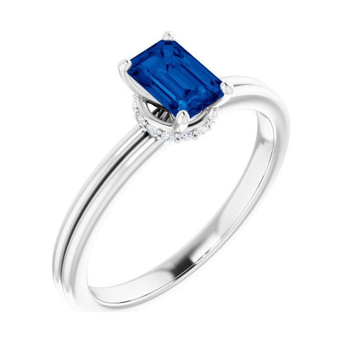 Emerald 1 ct blue sapphire 14K White Gold hidden-accent solitaire engagement ring
