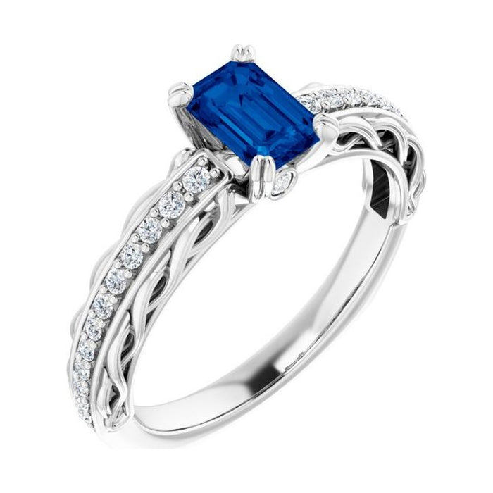 Emerald 1 ct blue sapphire 14K White Gold twisted vine solitaire engagement ring