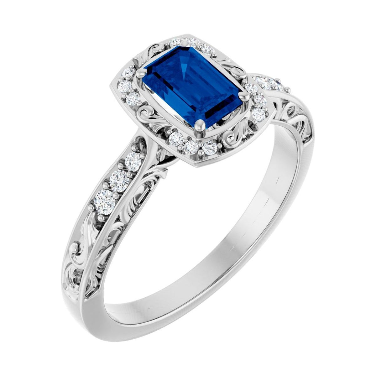 Emerald 1 ct blue sapphire 14K White Gold vintage scroll halo engagement ring