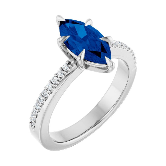 Marquise 1 ct blue sapphire 14K White Gold claw-prong pavé engagement ring
