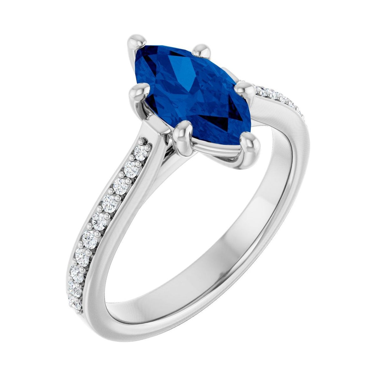 Marquise 1 ct blue sapphire 14K White Gold french pavé solitaire engagement ring