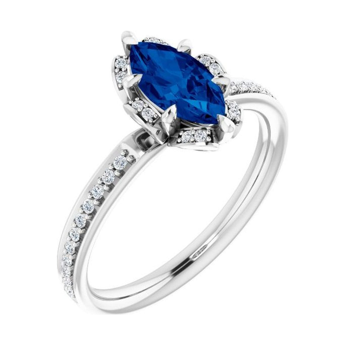 Marquise 1 ct blue sapphire 14K White Gold petite pavé halo engagement ring