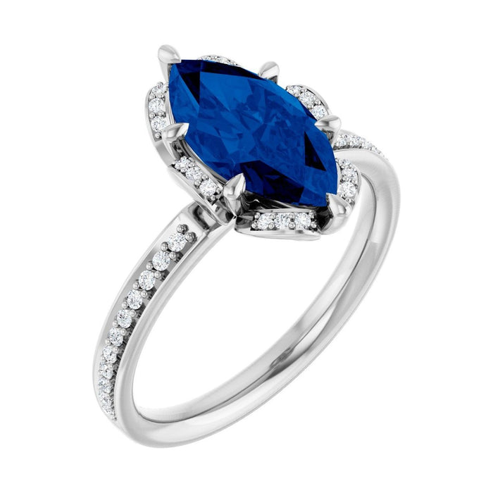 Marquise 1 ct blue sapphire 14K White Gold petite pavé halo engagement ring